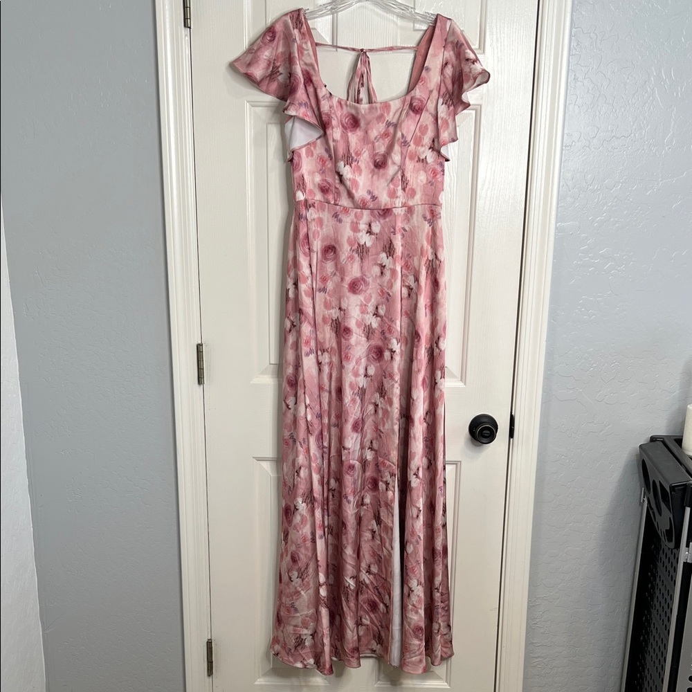 Azazie Bondi stretch satin pink floral rose bridesmaid full length dress size 4